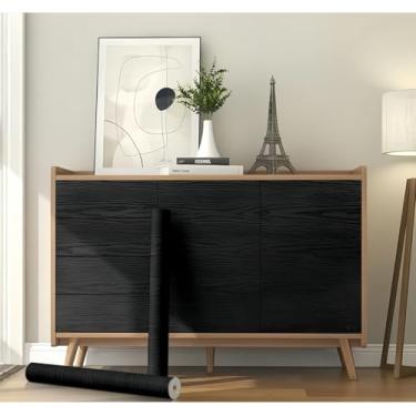 Imagem de ESSMOKO Papel de parede de grão de madeira PVC impermeável autoadesivo papel de parede adesivo de móveis grão de madeira preta 40 * 1000 cm