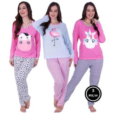 Imagem de Kit 3 pijama bichinhos Estampado de frio -c9 KIT 3 PIJAMA LONGO BICHIN