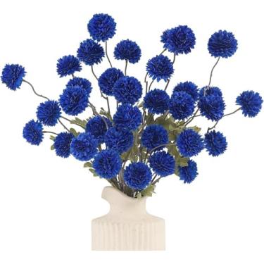 Imagem de DuHouse 6 peças de flores artificiais de seda sintética, mini bola de crisântemo de seda pequena com hastes para buquês faça-você-mesmo, vaso de mesa, decoração de cozinha (azul escuro)