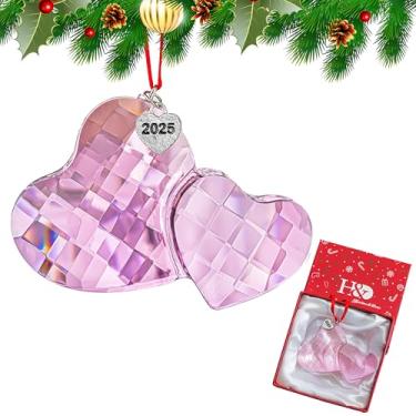 Imagem de H&D HYALINE & DORA Enfeites de coração duplo rosa enfeite de Natal de cristal 2025 enfeite de pendurar em vidro de Natal para festa de inverno decoração de casamento em casa (5 x 7 cm)