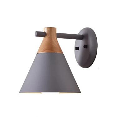 Imagem de Luminária de parede nórdica de madeira com cúpula de metal cônica, luminária de cabeceira para ambientes internos, luminárias de parede para quarto infantil, luminárias de parede E27 (cor: c