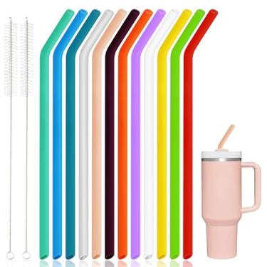 Imagem de AINEEDY Pacote com 12 canudos de substituição para copo Stanley Cup 1,134 g 850 g, 30,5 cm de comprimento 1 cm de largura Canudo de silicone reutilizável para Yeti/Simple Modern com 2 escovas de