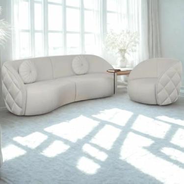 Imagem de Conjunto Sofá Curvo E Poltrona Euphoria Em Bouclé Branco Com 2 Almofadas