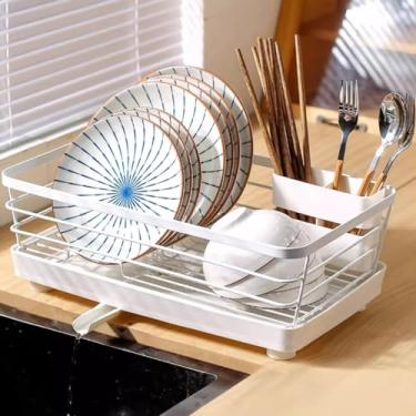 Imagem de AKALNNB Escorredor de pratos para balcão de cozinha, escorredor de pratos com suporte de utensílios, escorredor de pratos para vários utensílios de mesa (Bianco 38 x 22,2 x 14 cm) (Bianco 38 x 22,2 x