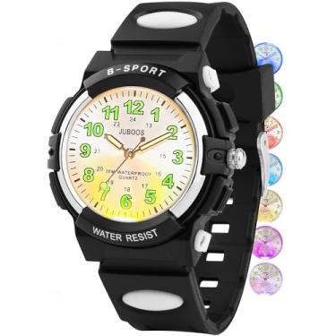 Imagem de Juboos Relógio infantil analógico com 7 luzes noturnas coloridas para meninos e meninas, pulseira macia, relógio de pulso de quartzo para crianças de 5 a 18 anos, Preto - superfície prateada, Relógio