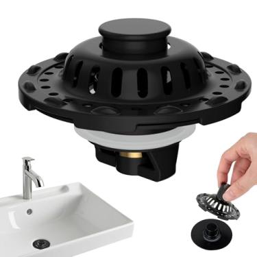 Imagem de Coador de cabelo universal para pia de banheiro, coletor de cabelo, metal de latão 3 em 1, rolha de pia de banheiro pop-up adequada para orifício de lavatório padrão de 2,8 cm ~ 6,8 cm, preto fosco