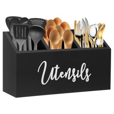 Imagem de Organizador de talheres de madeira, organizador de talheres com parte superior aberta e parte inferior antiderrapante para restaurante, casa, cozinha (preto, grade 3)