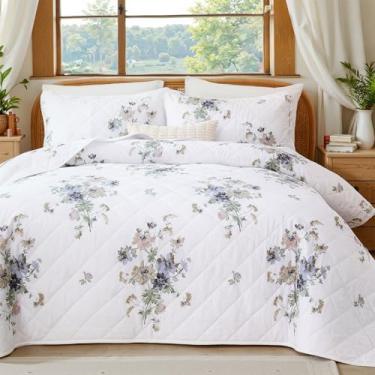 Imagem de Cozaline Conjunto de cama king size 100% algodão – Conjunto de cama branco vintage floral, 3 peças, colchas de fazenda macias e leves para todas as estações