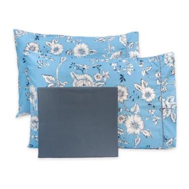 Imagem de Lençol Super King 3 Pçs Estampado Flex Ponto Palito 400 Fios (Flores Azul Topazio)