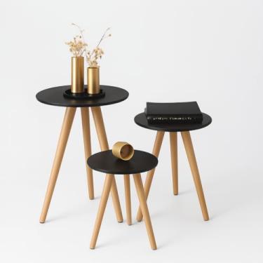 Imagem de Mesa de Canto para Sala, Mesa de Canto Sofa, Kit Trio Jogo de Mesinhas Lateral Redondas Sala Pé Palito Retro(Preto Tampo 35 e 45 cm)