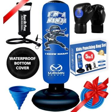 Imagem de Marwan Sports Saco de pancadas para crianças|3 em 1, conjunto de saco de boxe Ninja autônomo de 1,63 cm, inclui bomba de ar e luvas de boxe | Brinquedos para meninos de 6 a 8 anos | Brinquedos infláveis de karatê infantil para meninos, azul/preto