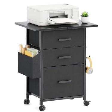 Imagem de Armário de arquivo de 3 gavetas com mesa estendida de 61 cm, armário de arquivo móvel, suporte para impressora, suporte para impressora com bolsa lateral, gaveta de tecido, tamanho A4, casa