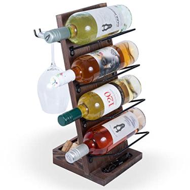 Imagem de Rustic State Rueda Rack de vinho de mesa para 4 garrafas com 2 suportes de vidro e bandeja de bancada de armazenamento de cortiça organizador de bar independente, nogueira