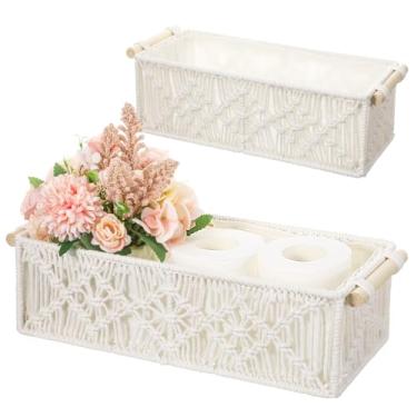 Imagem de Cestas de armazenamento de macramê, caixa de presente boêmia, cesta de papel higiênico de tecido com alças de madeira, cestas decorativas para organizar na prateleira, armário, bancada, sala de estar
