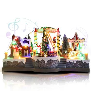 Imagem de Vigdur Casas de Aldeia de Natal - Carrossel de Natal Iluminado e Trem Giratório e 8 Canções de Natal, Animação de Natal, Decorações de Mesa para Casa