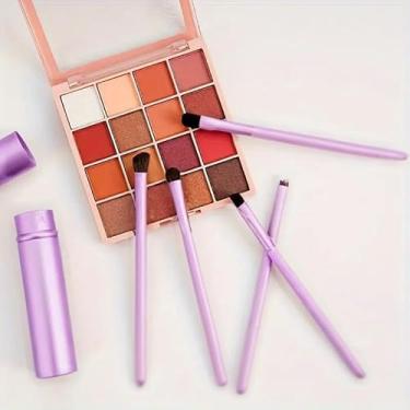 Imagem de Conjunto de 5 pincéis profissionais de maquiagem, sombra angular, sobrancelha, delineador e pincéis labiais com caixa de armazenamento (roxo)