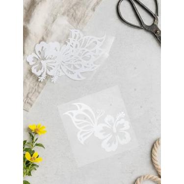 Imagem de Adesivos de carro à prova d'água de PVC 4 folhas, borboleta autoadesiva branca com flor de hibisco, decalque de vinil para motocicleta capacete janela decoração de casa, 13,7 x 13,7 x 0 cm