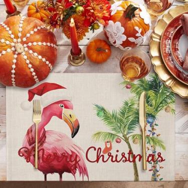 Imagem de Jogo americano rosa Natal flamingo cachecol jogo americano para mesa de jantar verde tropical coqueiro tapete de mesa inverno férias casa festa cozinha decoração de mesa conjunto com 2