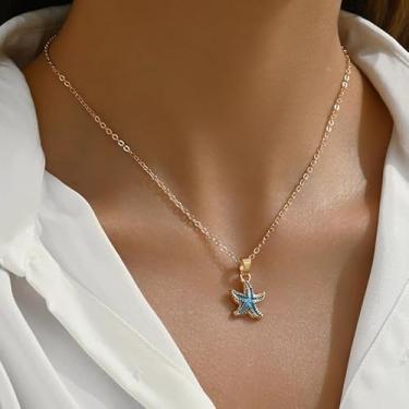 Imagem de Boho Colar de corrente com pingente de estrela azul para mulheres, liga delicada, esmaltada, vida oceânica, colar, fofo, verão, praia, joias, presentes para amigas