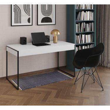 Imagem de Escrivaninha Industrial Office Estudo Malta Branca 137X53Cm Com 1 Poltrona Preta Base F Cor: Branco