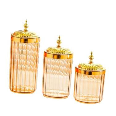 Imagem de Generic Conjunto de 3 Potes Organizadores de Alimentos com Tampas para Despensa, Ideais para Armazenar Doces, Pimentas, Massas, Nozes e Outros Alimentos na, Pote âmbar com Tampa Dourada