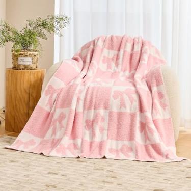 Imagem de Nahjiiem Cobertor de laço rosa aconchegante de malha xadrez para bebês meninas, presente de arcos de padrão reversível, laços rosa coquete coisas de cama cobertores de decoração 127 x 152 centímetros
