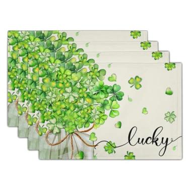 Imagem de Jogo americano Lucky Shamrocks conjunto de 4, trevos verdes em jarra de 30 x 45 cm, tapetes de mesa laváveis e resistentes ao calor para decoração de quinta, jantar, primavera, estação