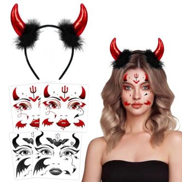 Imagem de HOWAF Tiara de chifres de diabo de Halloween + 4 folhas de tatuagens de rosto de diabo para Halloween, fantasias de demônios, acessórios femininos, baile de máscaras de relíquias vermelhas e chifres