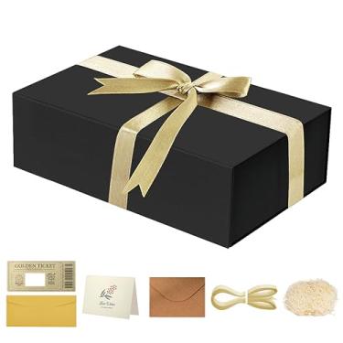 Imagem de Caixa de presente preta de 30,5 x 23 x 10 cm. Caixa de presente magnética com tampas. Contém cartão, cartão de raspar, fita, enchimento de papel desfiado para aniversários, casamento, casamento