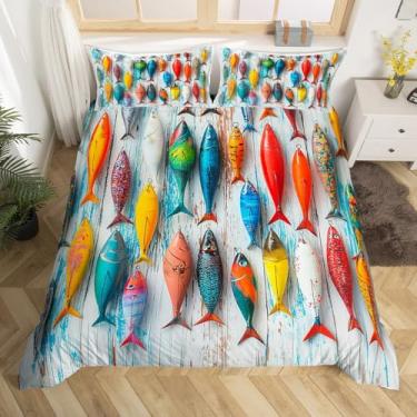 Imagem de Feelyou Capa de edredom de pesca no lago para meninas e meninos, tamanho casal, pescador, anzol, decoração de quarto de cabana, pique, robalo, anzol, acampamento, branco, madeira, grian