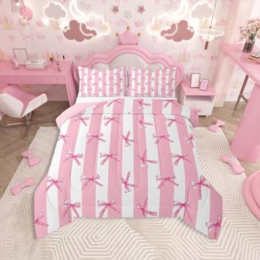 Imagem de Feelyou Conjunto de cama com laço rosa, macio, para meninos e meninas, com laço, tamanho solteiro, listrado, edredom, microfibra, decoração de quarto, 2 peças com 1 fronha