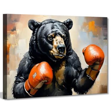 Imagem de Impressão de arte de parede em tela de urso, decoração de parede de escritório, pôsteres emoldurados de ursos pretos engraçados fotos academia homem caverna decorações 30,5 x 40,6 cm