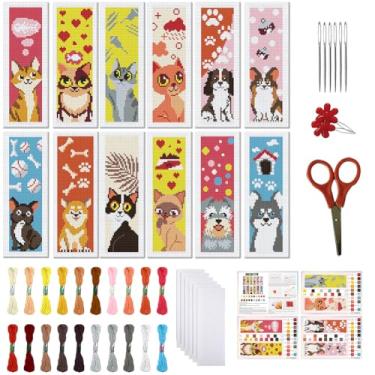 Imagem de FREEBLOSS Conjunto de 12 kits de marcadores de página de ponto cruz colorido com estampa de animal de estimação, kit de bordado de 11 CT com instruções para iniciantes 20 x 6 cm