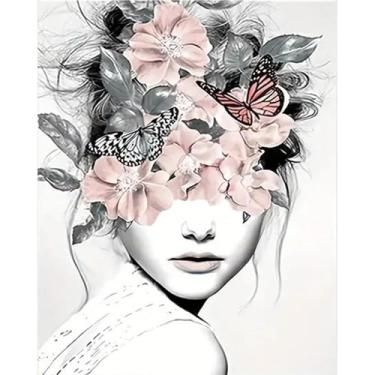 Imagem de Kits de pintura a óleo por números para adultos, mulheres com flores, kits de pintura a óleo por números para adultos iniciantes em tela para decoração de parede de casa presentes de aniversário de