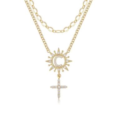 Imagem de TANTIUE Colar feminino com letras e cruz de girassol banhado a ouro 14 K, zircônia cúbica, girassol com inicial em camadas, pingente de cruz A - Z, joia feminina, adjustable, Latão, Zircônia cúbica