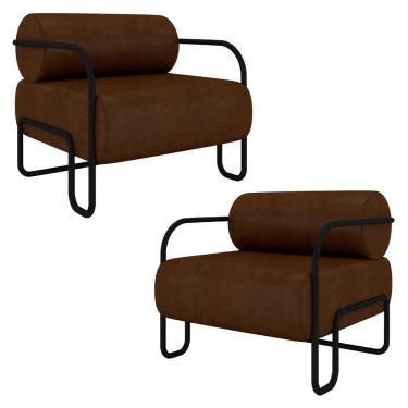 Imagem de Poltrona Decorativa Industrial Kit 2 Kira Z08 Sintético Marrom Escuro - Mpozenato