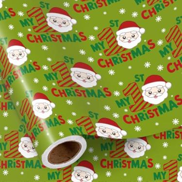 Imagem de RUSPEPA Rolo de papel de embrulho My 1st Christmas, mini rolo, Papai Noel com 1º texto de Natal e flocos de neve, embrulho de presente divertido para o primeiro feriado de Natal do bebê, 43 cm x 40