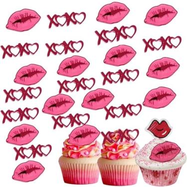 Imagem de 20 peças de enfeite de cupcake de acrílico para dia dos namorados, espelho, lábios, palitos de bolo, decoração de cupcake de casamento, suprimentos de decoração DIY