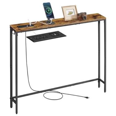 Imagem de VASAGLE Mesa de console com tomada, mesa fina atrás do sofá, 14 x 100 x 80 cm, 1 gancho, montagem fácil, para entrada, sala de estar, marrom rústico e preto tinta ULNT079K01