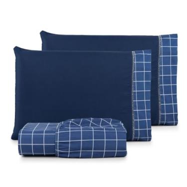 Imagem de Kit de Lençol Casal Padrão 3 Peças Percal 180 Fios 90% Algodão – Conforto, Força e Estilo Moderno (GRID AZUL MARINHO)