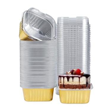 Imagem de Eoonfirst 50 peças de mini copos quadrados de folha de alumínio, copos de cupcake reutilizáveis de ramequins descartáveis de 142 g com tampas para assar (ouro)