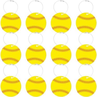 Imagem de MuRealy 12 etiquetas de bagagem de softball, malas de viagem premium de 6,5 cm, chaveiro de softball, identificação de nome de PVC e cartão de abraço de bolso faça você mesmo, pingentes amarelos de
