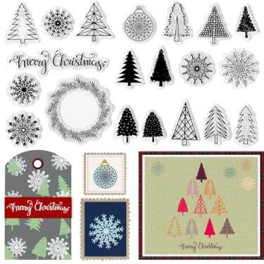 Imagem de LANGFON Carimbos transparentes de árvore de Natal para artesanato de álbuns, guirlanda de Natal, selos transparentes de silicone para envelopes, faça você mesmo, carimbo de borracha de floco de neve