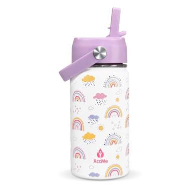 Imagem de XccMe Garrafa de água infantil com tampa de palha, garrafa de viagem de aço inoxidável de 400 ml, copo infantil à prova de vazamento de parede dupla, copo isolado para crianças, garrafa de metal para