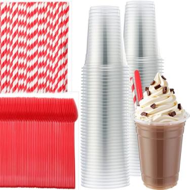 Imagem de Potchen 50 conjuntos de utensílios descartáveis, copos de plástico com raiz de cerveja de 400 ml, copos de parfait, colheres de sudae de 21 cm e canudos de papel vermelho, utensílios de plástico para