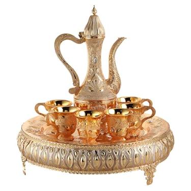 Imagem de LUMINFLY Conjunto de bule de chá turco e bandeja com liga de zinco decorada a ouro, seis xícaras de chá incluídas, bandeja redonda gravada, perfeita para festas de estilo europeu