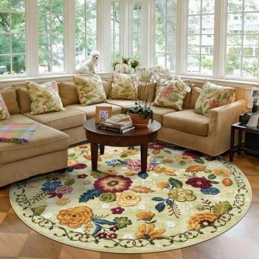Imagem de GERUIMO Tapete redondo lavável de 1,8 m para sala de estar, floral boho vintage, grande, antiderrapante, tapete de lã sintética macia, adequado para crianças e animais de estimação para quarto, sala