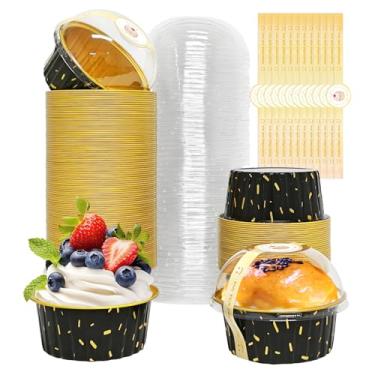 Imagem de Pacote com 100 formas de cupcake de 142 g com tampas de cúpula, forros descartáveis de cupcake de ramekin de 142 g, recipientes de sobremesa reutilizáveis para festa de casamento de aniversário (chuva