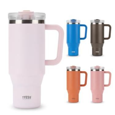 Imagem de TYESO Garrafa de água com isolamento a vácuo, garrafa de aço inoxidável com isolamento a frio, caneca com alça de palha, parede dupla, boca larga (rosa claro, 1,134 g)