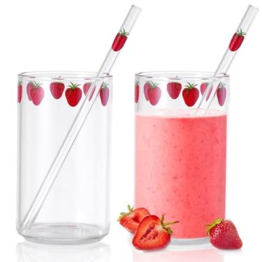 Imagem de LUMINFLY Copos de chá de água transparente de 300 ml, copos de leite, padrões altos fofos com padrões de vidro com café para casa, 2 peças, canudo, suco de vidro de morango, escritório para xícaras